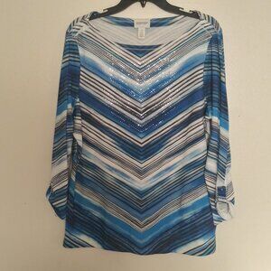 Chico’s Zenergy Women’s Blue Striped Rhinestone Top Size 2 (L/XL)